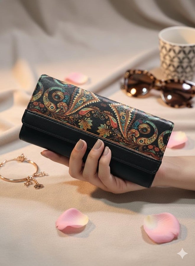 DOSYSO Wallet for Women Girls Stylish Latest Printed Faux Leather with Phone Space Coin Compartment Mobile Storage 4 Card Slots Holder Cash Zip Pockets Hand Clutch for Daily Use Ladies Long Purse (Black) - Image 5